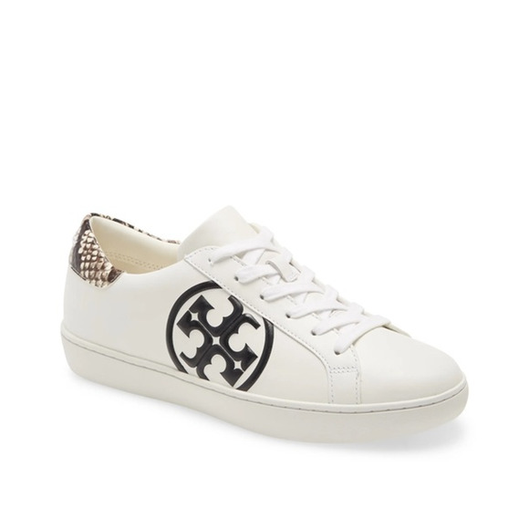 Tory Burch Leigh T-Logo Leather w/ Stamped Snake Print Court Sneakers White 6 - Picture 1 of 8